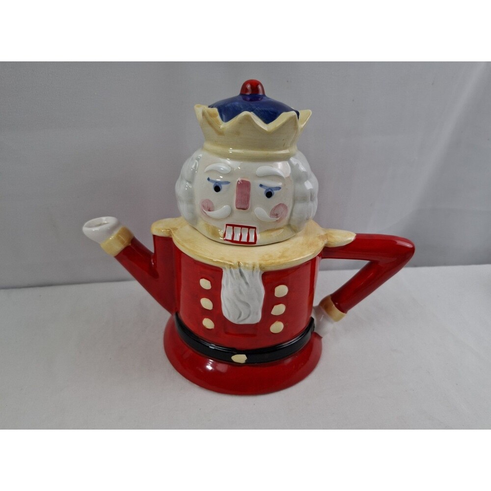 Nutcracker Teapot Red Blue Whimsical Christmas Holiday Decor 8"